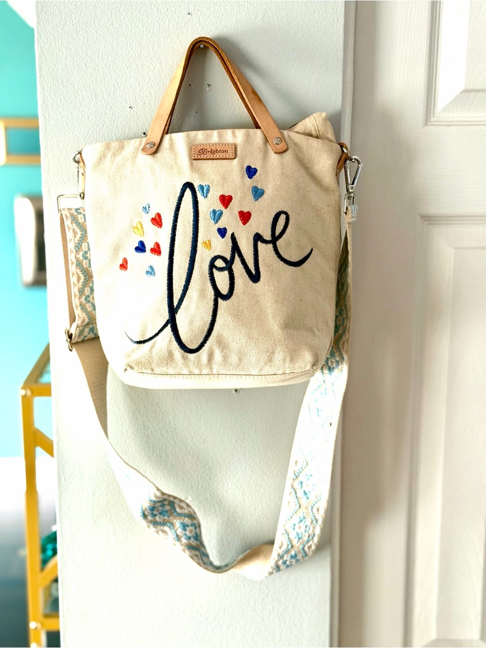 Brighton Canvas Love Heartful Embroidered Messenger Crossbody Bag Purse